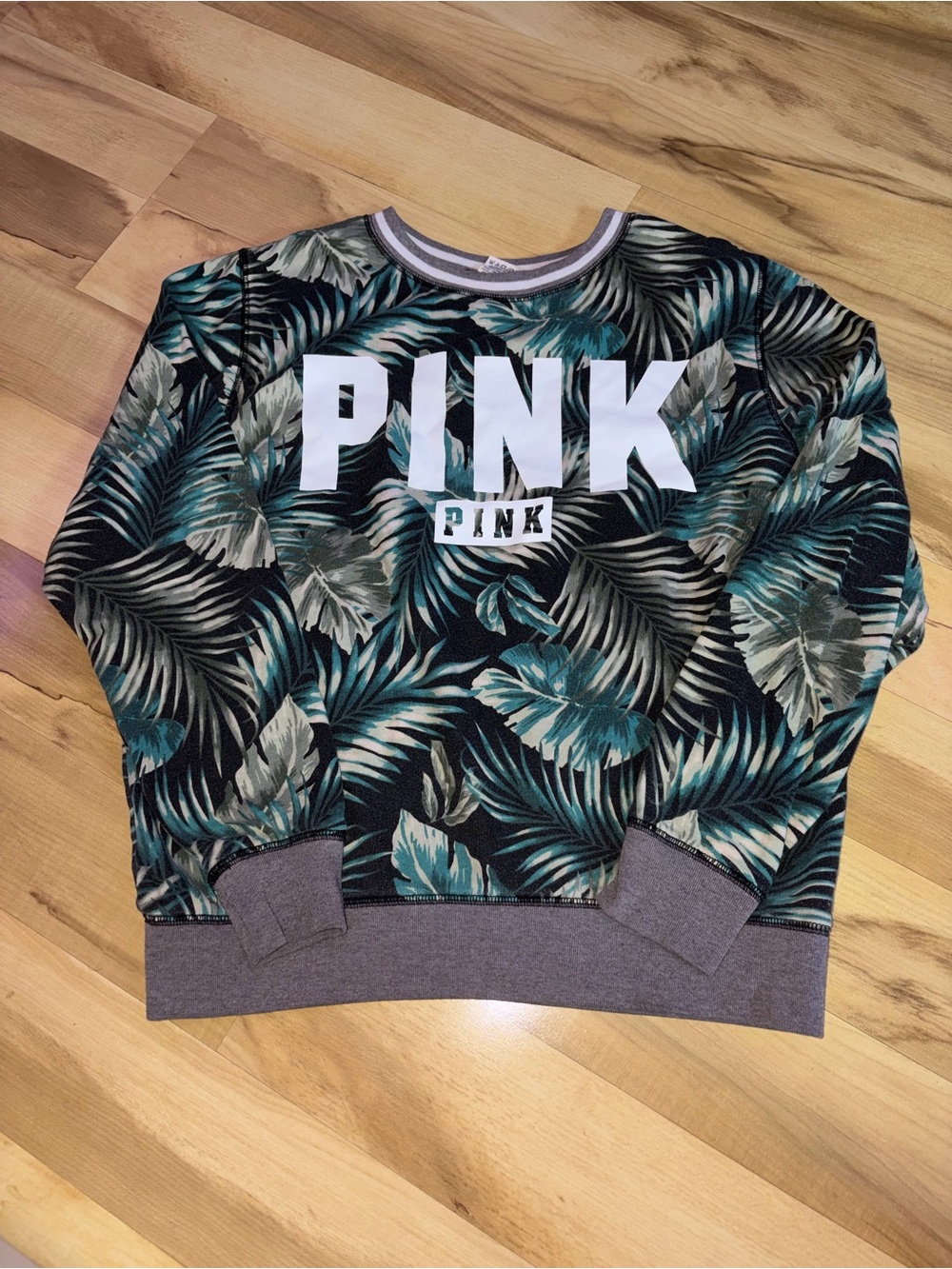 PINK Victoria's Secret Tropical Leaf Crewneck Sweatshirt - Black & Teal